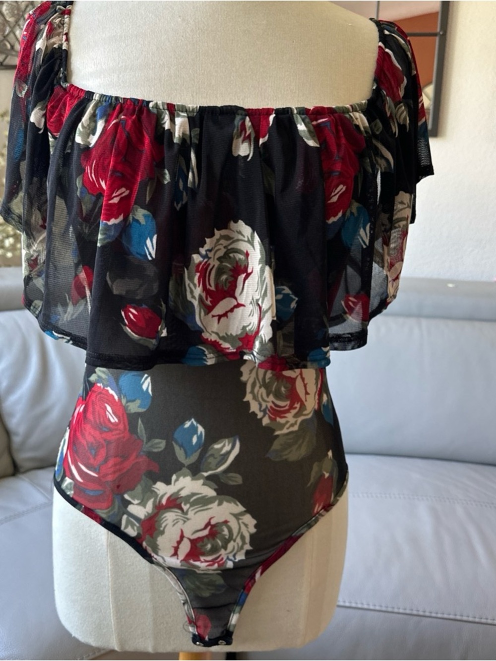 Fashion Nova Black bodysuit Top with red white and blue flowers size S